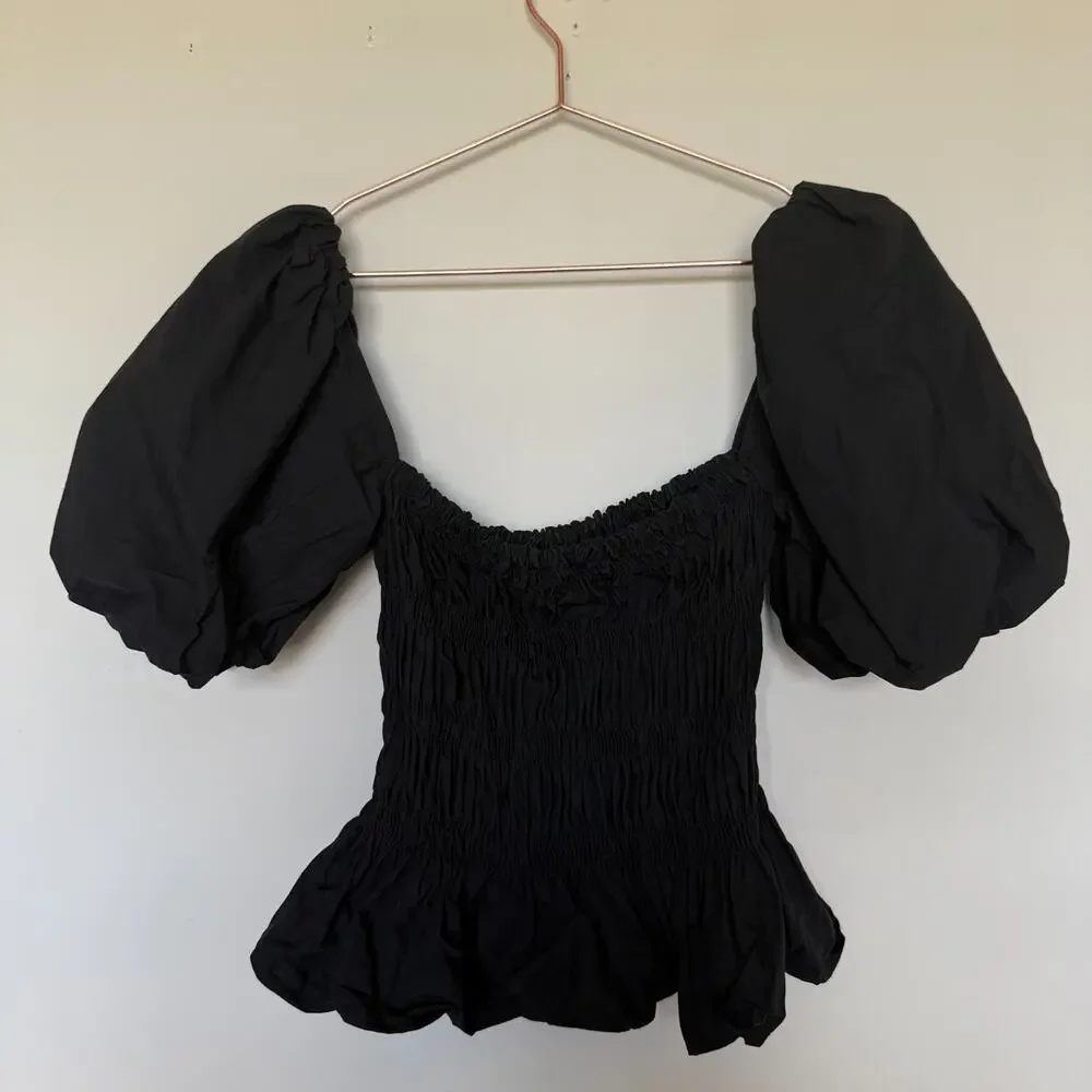 ASTR The Label Women Savina Top S Black Puff Bubble Sleeve Square Neck Whimsical
